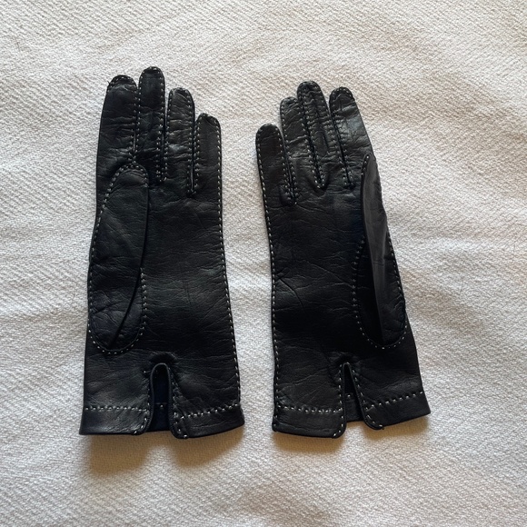 Vintage Kid Leather Black Gloves w/ White Stitch - Picture 3 of 3